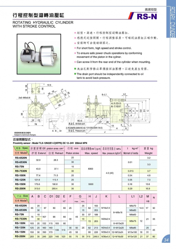 佳賀中實高速短型行程控制型回轉(zhuǎn)油壓缸 RS-N